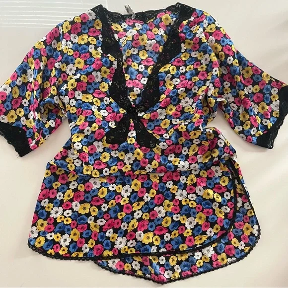 VTG Christian Dior Lingerie Multicolor Floral Satin Nightie Top with Black Lace - Picture 1 of 6